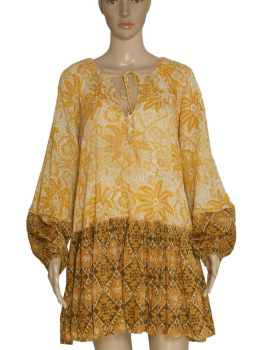Free People Printed Long Sleeve Swing Boho Oversized Peasant Tunic Dress XS